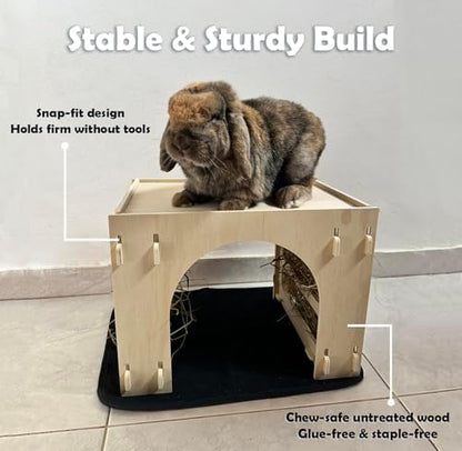 Kiwi&Mora Wooden Bunny Hideout – Large Indoor Rabbit House with Hay Feeder