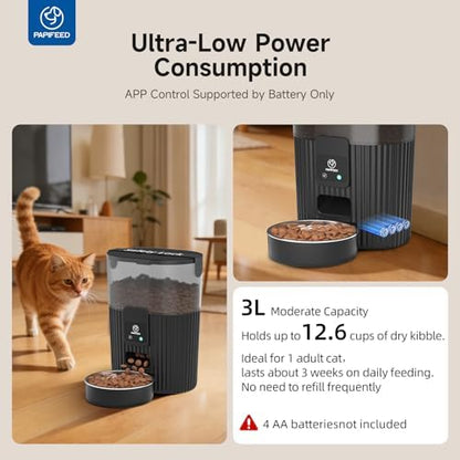 PAPIFEED Automatic Cat Feeder and Water Fountain Stainless Steel, Auto Cat Food & Water Dispenser, Quiet Pet Drinking Fountain with LED, Timed Cat Feeder with App, 10 Meals/Day, Smart Cat Feeder Set