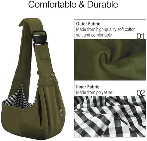PETLOFT Reversible Dog Cat Sling Carrier, Small Dog Carrier, Adjustable Dog Sling, Hands Free Cross Body Carrier with Collar Hook for Dog/Cat/Bunny up to 11lb (Army Green)