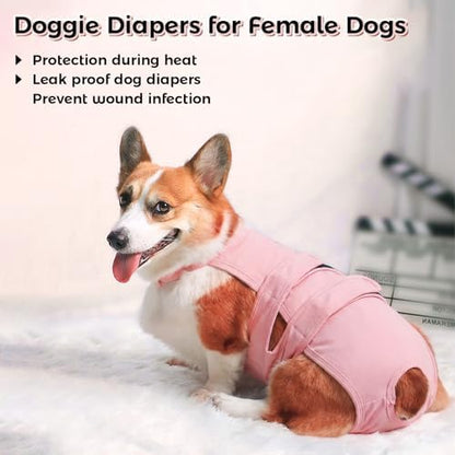 QBLEEV Dog Diapers with Suspenders, Female Escape-Proof Full Body Dog Period Diapers Overalls, Reusable Washable Sanitary Panties for Heat Cycle & Incontinence, Doggie Underwear Onesie with Tail Hole