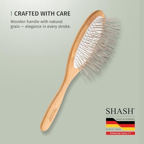 Since 1869 Hand Made In Germany - SHASH Oval Pet Brush With Long Metal Pins With Rubber Cushion - Helps Detangle Knots, Eliminate Frizz, Reduce Pulling & Snagging