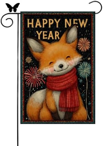 Happy New Year Garden Flag 12x18 Double Sided Vertical Linen Small Fireworks Fox House Flag Welcome Holiday Winter House Outdoor Outside Decorations (27166)