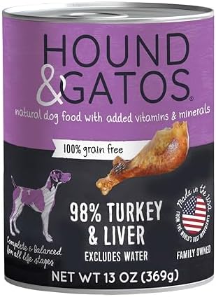 Hound & Gatos Turkey Wet Dog Food, Single Protein 98% Real Meat Formula, Supports Digestive Health, Grain Free Limited Ingredients, 13 oz. Cans (Pack of 12)
