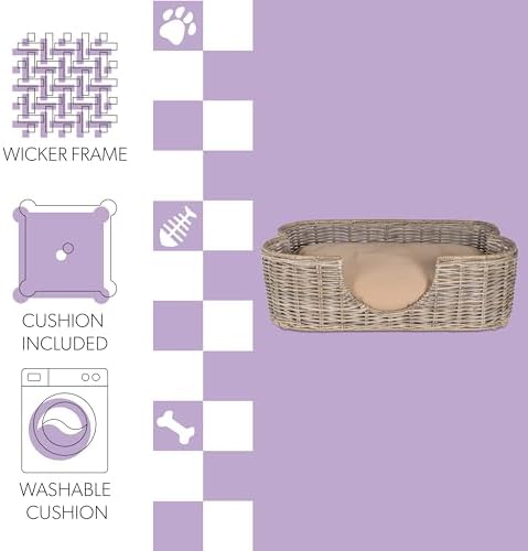 DBD1003A Scallop 31" x 20" Tropical Handwoven Rattan Dog Bed with Machine Washable Cushion, Kubu Gray