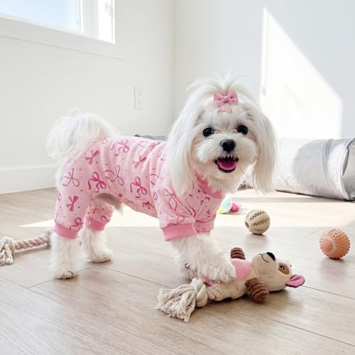 Dog Pajamas for Small Medium Dogs Pjs Pink Bow Dog Onesie Breathable Puppy Pj Pet Stretchy Soft Sleepwear for Spring Summer Costume-L