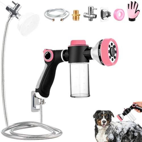 Dog Shower Attachment with 6.6FT Shower Hose, 8 Sprayer Modes Dog Washing Hose Attachment for Bathroom & Bathtub, Outdoor Use Dog Washing Kit with Pet Grooming Glove Shampoo Dispenser and Holder