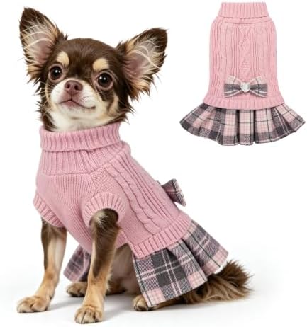 YUDODO Small Dog Sweater Dress with Bowtie Turtleneck - Knitted Pet Clothes