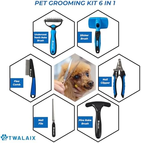 6 in 1 Pet Grooming Kit for Dogs & Cats - Deshedding Brush, Undercoat Rake, Slicker Brush, Nail Clipper, Nail File & Flea Comb for All Coat Types