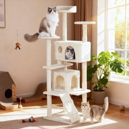 BestOffice 62 Inch Cat Tree, Multi-Level Cat Tower with Condo, Perches, Sisal Scratching Posts, Climbing Ladder,Indoor Activity Center Play House for Kittens & Adult Cats, Beige