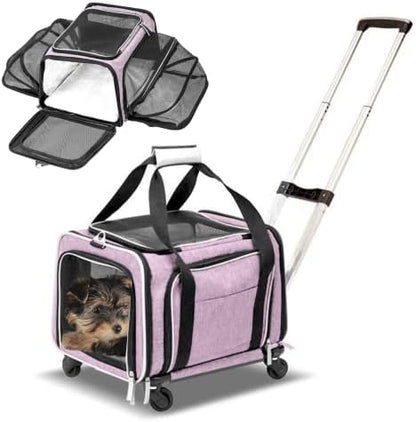 RUFF LIFE 101 Airline Approved Expandable Premium Pet Carrier on Wheels- Two Sided Rolling Carrier- Designed for Dogs & Cats- Extra Spacious Soft Lined Carrier! - Pink (RL-PET-CARRIER-WHEELS)