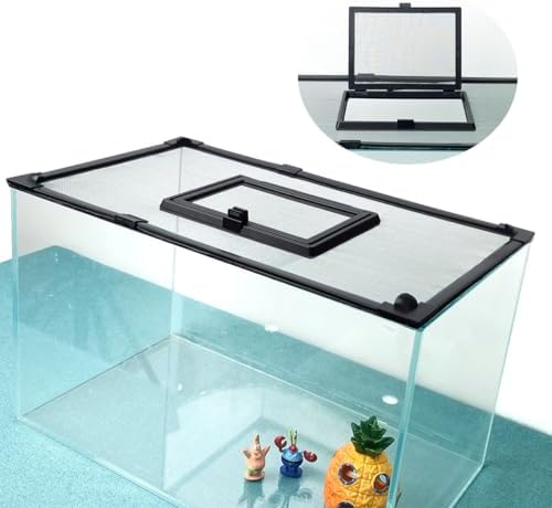 Magnetic Fish Tank Cover with Feeding Window Dark Grey Frame Grey Fiberglass Net,DIY Fish Tank Lid Adjustable Size Fit Tank Size Max 35''X19'' for Preventing Fish from Jumping Out and Reptile Escaping