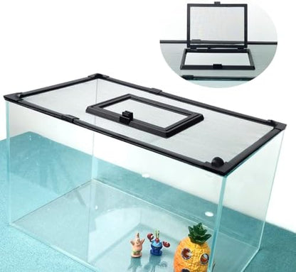 Magnetic Fish Tank Cover with Feeding Window Dark Grey Frame Grey Fiberglass Net,DIY Fish Tank Lid Adjustable Size Fit Tank Size Max 35''X19'' for Preventing Fish from Jumping Out and Reptile Escaping