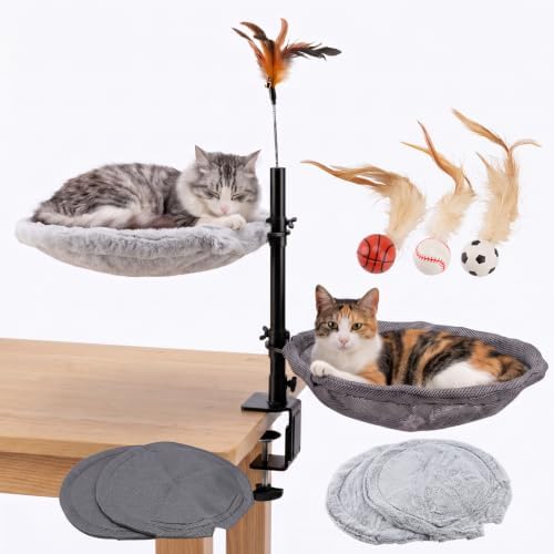 Gugxiom Double Cat Desk Bed, 360° Rotating & Adjustable Height, 4pcs 15.7in Summer/Winter Cat Mats, for Home Office Cats Small Pet, Supports up to 44 lbs