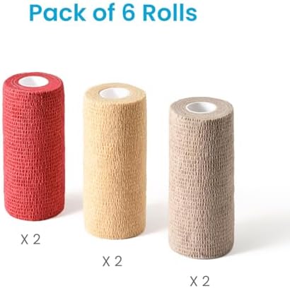 WePet Pet Wrap, Self-Adhesive, Only Sticks to Itself, Non-Woven Tape for Dog Legs, Paws, Wounds, First Aid Cohesive Gauze for Horse, Cat, Bird, Animal, 6 Rolls, 4 Inch, Solid Color A