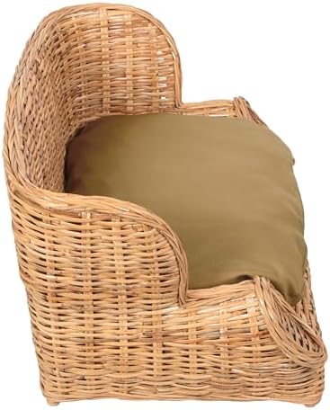 DBD1004B Handwoven Water Hyacinth Pet Daybed with Machine-Washable Cushion, 27.5" x 18" Wicker Sofa for Small to Medium Dogs and Cats, Vintage Style Elevated Pet Bed, Light Brown