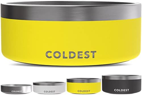 Coldest Dog Bowl - Anti Rust Metal, Non Slip, 3 Layers Insulated Stainless Steel Dog Bowls - Spill Proof & Heavy Duty - Water Bowl for Dogs, Cats & Pets, Dish Washer Safe (64 oz, Solar Yellow)