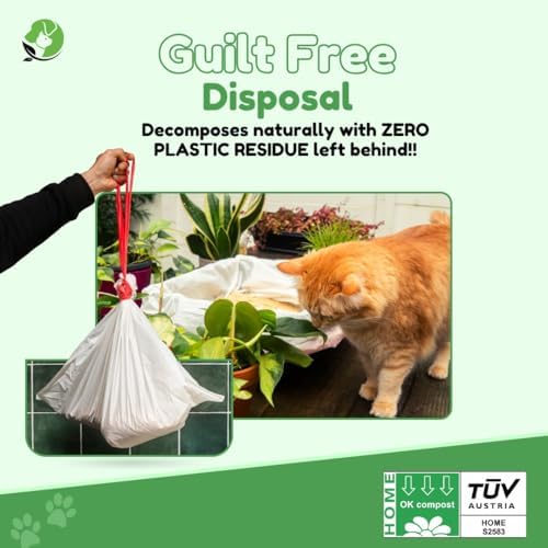 Cat Litter Box Liners - 100% Compostable - Drawstring Close - Scent Free - Jumbo Size XL (36" L x 18" W) - 40 Micron (1.6 Mil) Heavy Duty - 20 Count - Scratch, Tear & Leak Resistant