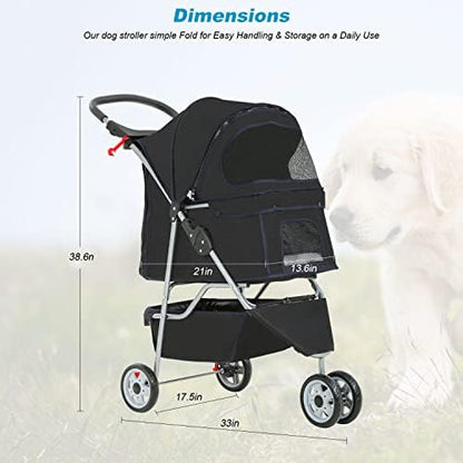 BestPet | 3-Wheel Foldable Pet Stroller | Black | Lightweight & Portable