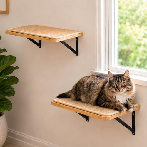 2PCS Cat Wall Shelves with Scratching Mat, 16.6x9.7 Inch Solid Pine Wood Wall Mounted Kitten Floating Shelf, Window Perch Hammock, Cats Wall Furniture for Cats Sleeping, Playing, Climbing