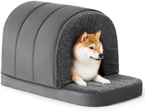 PELZIN Orthopedic Dog Bed with Cover Cave - Indoor Dog House with Porch