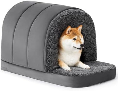 PELZIN Orthopedic Dog Bed with Cover Cave - Indoor Dog House with Porch
