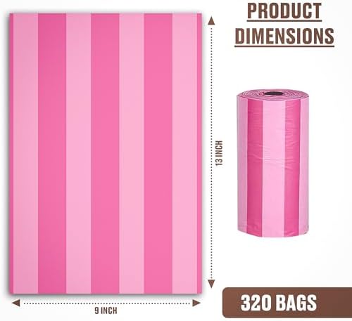 Parisian Pet Ecofriendly Dog Poop Bags Rolls - 320 Count Unscented Poop Bags For Dogs - Leakproof, Extra Thick, 16 Dog Waste Bags Refill Rolls - Stripes Dots Pink Doggie Poop Bags