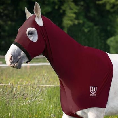 Harrison Howard Stretch Hood No Eye/Ear Covers Head, Shoulders, Mane, Chest, Withers Perfect for Show/Event Preparation-Burgundy L