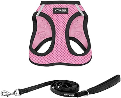 Best Pet Supplies Voyager Step-in Air All Weather Mesh Harness and Reflective Dog 5ft Leash Combo with Neoprene Handle, for Small, Medium and Large Breed Puppies - Pink Base, Medium