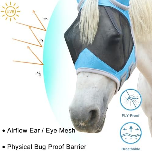 Horse Fly Mask with Ears, Breathable Fine Mesh Pale Blue Cob