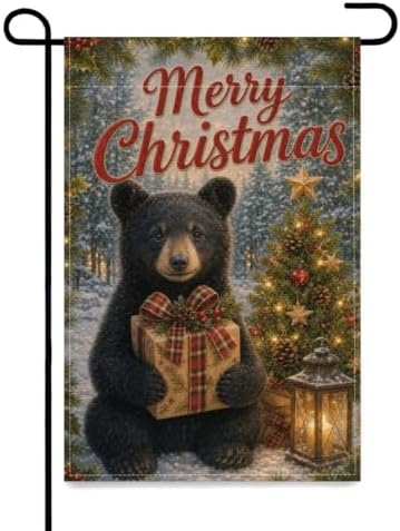 Christmas Black Bear Garden Flag 12x18 Inch Merry Holiday Cub Gift Tree Lantern Snowy Forest Rustic Farmhouse Outdoor Yard Lawn Porch Double Sided Banner Winter Welcome Decor