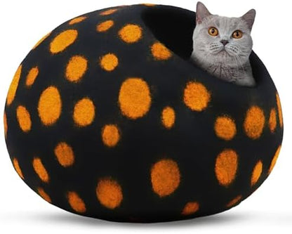 Woolygon Premium Felt Cat Cave Bed – Wool Kitty Beds Handcrafted Kitten Caves Bed for Indoor Cats - Made from Merino Wool, Foldable Cat Hideaway Covered Cat House Pod (Black Polka)
