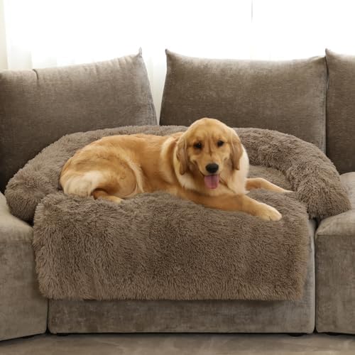 Calming Dog Bed Fluffy Plush Dog Mat for Furniture Protector with Removable Washable Cover for Large Medium Small Dogs and Cats (Extra Large (53x39.3x6), Camel)