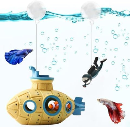 Floating Retro Submarine, Fish Tank Decoration for Aquarium, Yellow