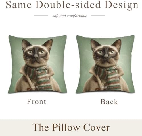 InkRain Winter Animal Cute Siamese Cat Pillow Cover 18x18 Inch Set of 2 Home Decor Decorative Cotton Linen Illustration Pillowcases for Living Room House Sofa