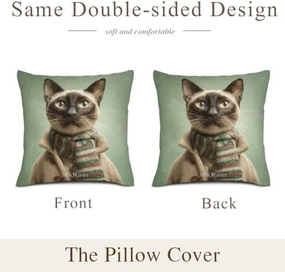 InkRain Winter Animal Cute Siamese Cat Pillow Cover 14x14 Inch Set of 2 Home Decor Decorative Cotton Linen Illustration Pillowcases for Living Room House Sofa