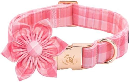 Elegant little tail Dog Collar with Flower, Pink Gingham Flower Girl Pet Collars for Female Dogs Plaid Pet Adjustable Puppy Collars with Flowers for Small Medium Large Dogs
