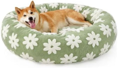 JOEJOY Jacquard Donut Round Dog Beds Medium Sized Dog,Green 30x30x8in, Removable Washable Cover, Cute Pattern, Ultra Soft Fluffy Calming Pet Bed with Thick Supportive Bolster