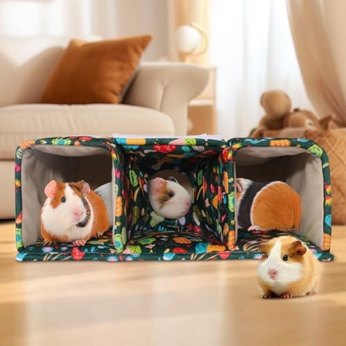 Guinea Pig Hideout with Tunnels, Toys & Cozy House - Soft Large Bed for Small Pets - Blackish Green Mushroom