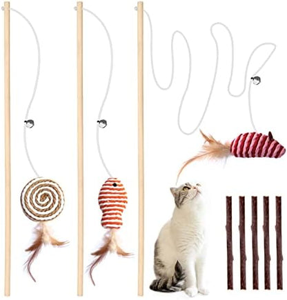 3-Pack Cat Wand Toys, 16-Inch Natural Wooden Teaser Wand with 5 Silvervine Sticks, Interactive Feather Wand for Indoor Cats