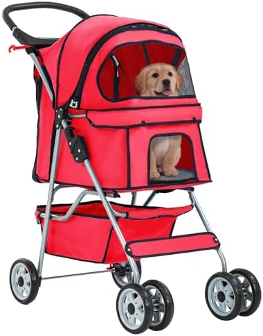 FDW | 4-Wheel Foldable Pet Stroller | Red | Lightweight & Portable