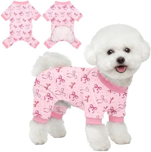 Dog Pajamas for Small Medium Dogs Pjs Pink Bow Dog Onesie Breathable Puppy Pj Pet Stretchy Soft Sleepwear for Spring Summer Costume-L