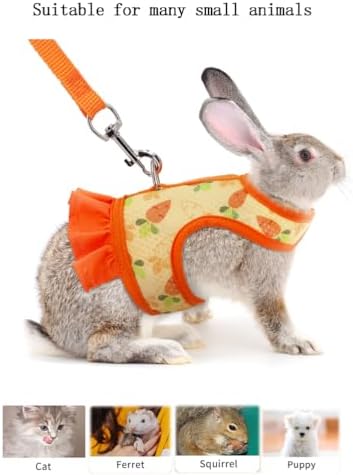 Rabbit Leash and Harness Set,Proof Walking Escape Cute Floral Mesh Vest Breathable Rabbit Costumes for Bunny, Hiking, Training for Ferret Kitten Puppy Small Animals Orange S