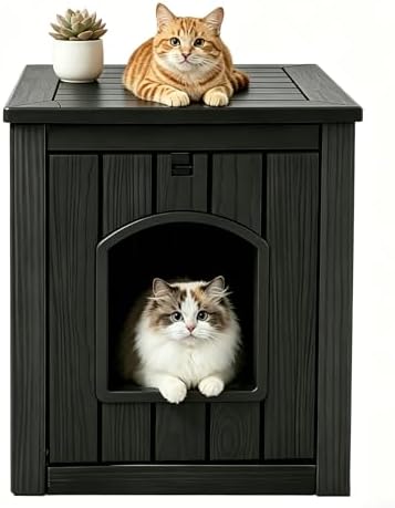 NUNU LAB Hidden Cat Litter Box Enclosure Furniture, Weatherproof Litter Box Side Table with Openable Front Door, Odor-Free & Easy Clean Cat House Cabinet for Indoor Bedroom & Outdoor Patio, Black