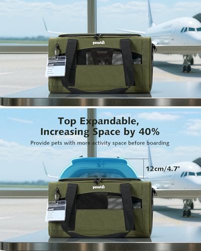 Pecute Expandable Airline Approved Pet Carrier for Cats & Dogs, Olive Green