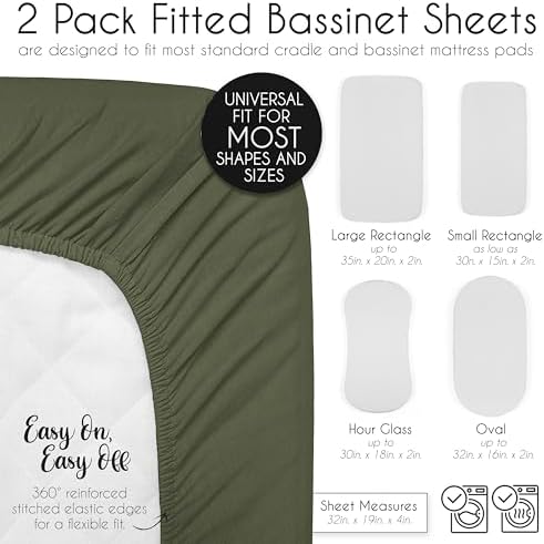 Sweet Jojo Designs 2-Piece Baby Bassinet Sheets Set (Solid Dark Green) for Boys/Girls, Infant Newborn Nursery, Oval, Rectangle & Hourglass Mattress (Gender Neutral, Forest, Hunter, for Woodland Camo)