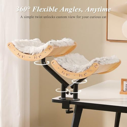 PEQULTI Desk Cat Bed for 2 Cats, 2-Tier 360° Rotating Cat Hammock, Beige