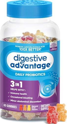 Digestive Advantage Probiotics For Digestive Health, Probiotic Gummies & Vit D, Daily Probiotics For Women &Men Occasional Bloating, Minor Abdominal Discomfort & Gut Health, 80ct Natural Fruit Flavors