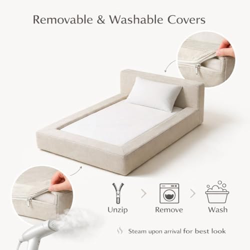 Mini Cloud Bed - Removable and Washable Covers - Toddler Baby Pet Dog Cat Nursery - Upholstered Minimalist Modern Luxury (Cream Boucle, Large)