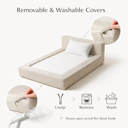 Mini Cloud Bed - Removable and Washable Covers - Toddler Baby Pet Dog Cat Nursery - Upholstered Minimalist Modern Luxury (Cream Boucle, Large)