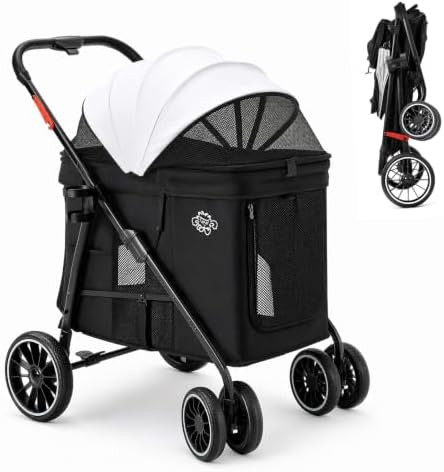 Dog Stroller for Medium Dogs, 4 Wheels Pet Stroller for 2 Small Dogs or 1 Medium Dogs, Cat Stroller Up to 80 lbs, Dual Entry Design, Foldable Design, Sun Shades, Breathable Mesh, Black